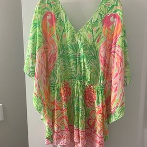 Lilly Pulitzer Mai Satin Flamingo Engineer Romper